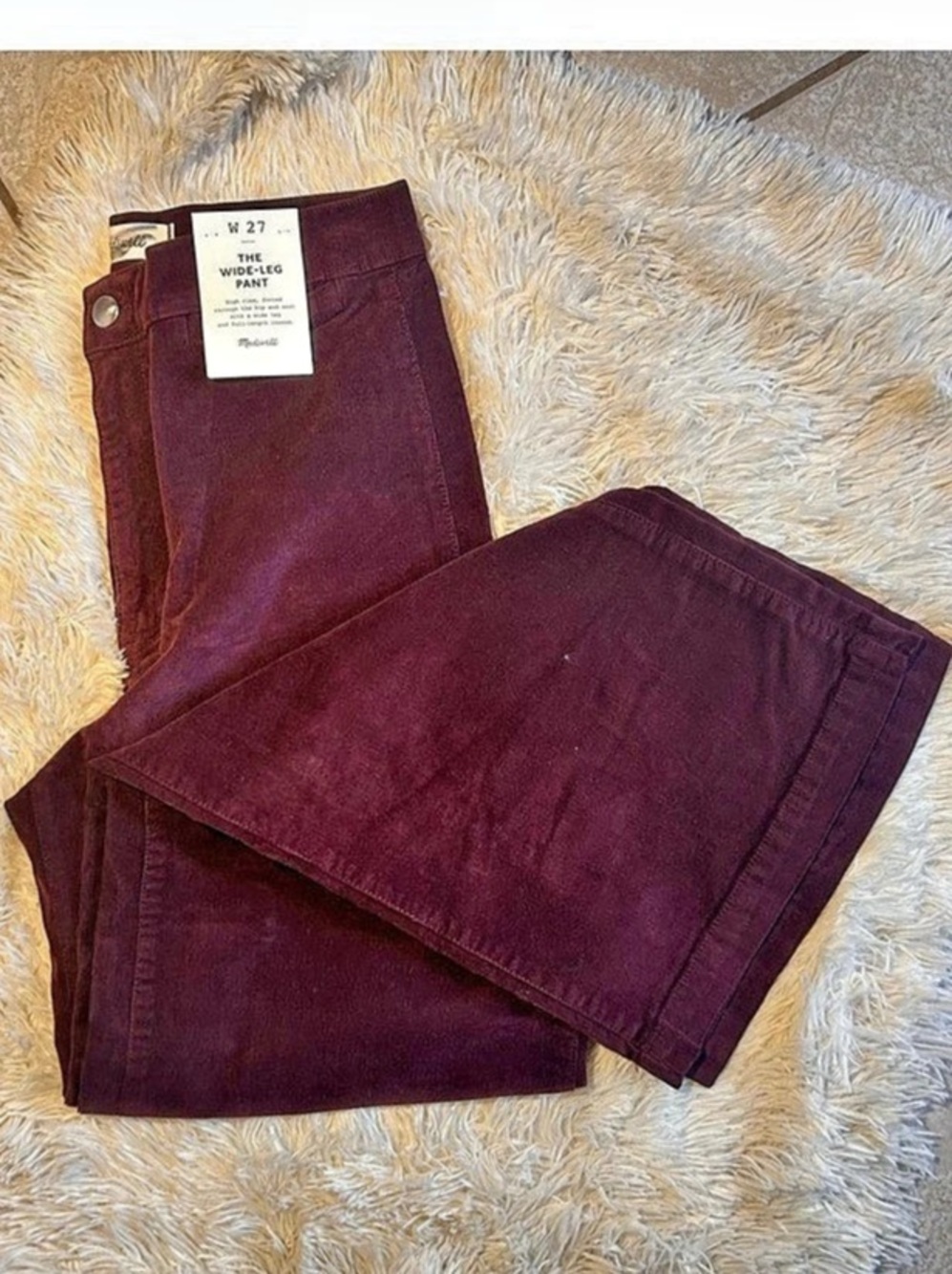 Madewell Aubergine Fine-Wale Corduroy Wide-Leg Pants, W27